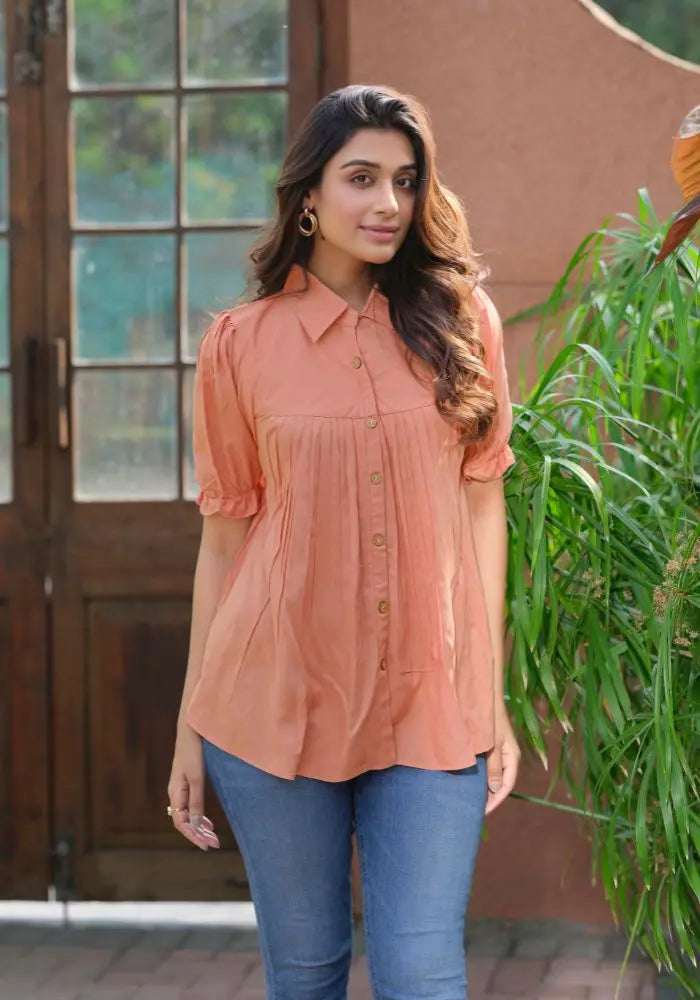 Heavy rayon solid peach half sleeve tunic for women