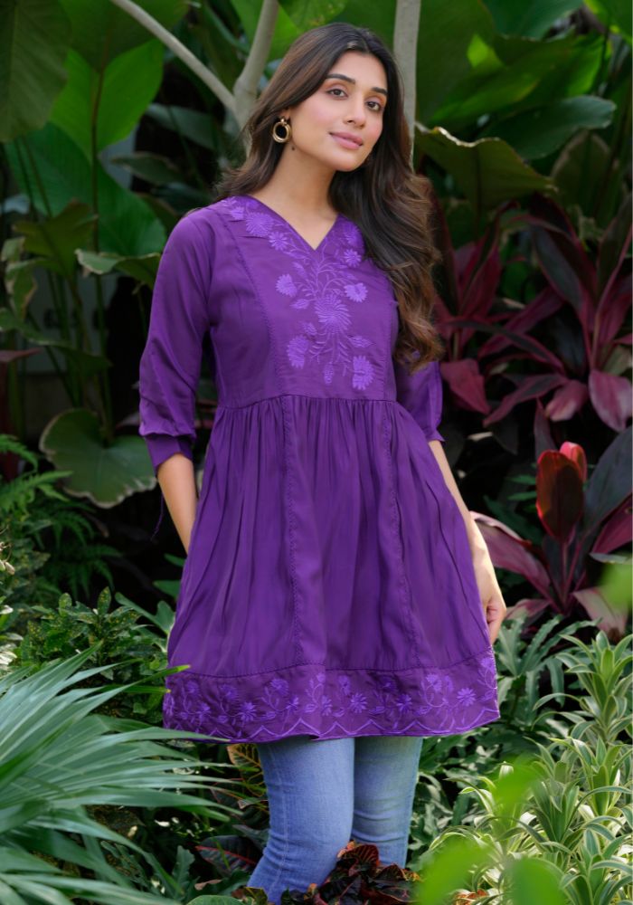 Purple embroidered silk tunic for women - front view