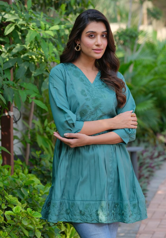Green embroidered silk tunic for women - front view