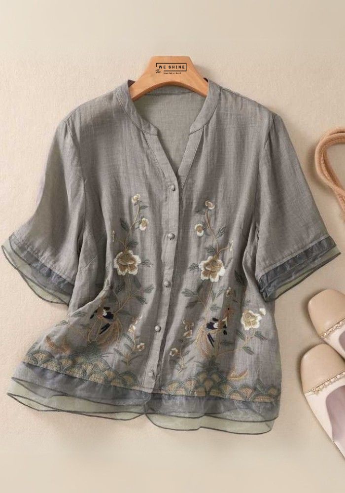 Embroidered button-down top for women - styled look