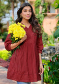 Maroon embroidered silk tunic for women - front view