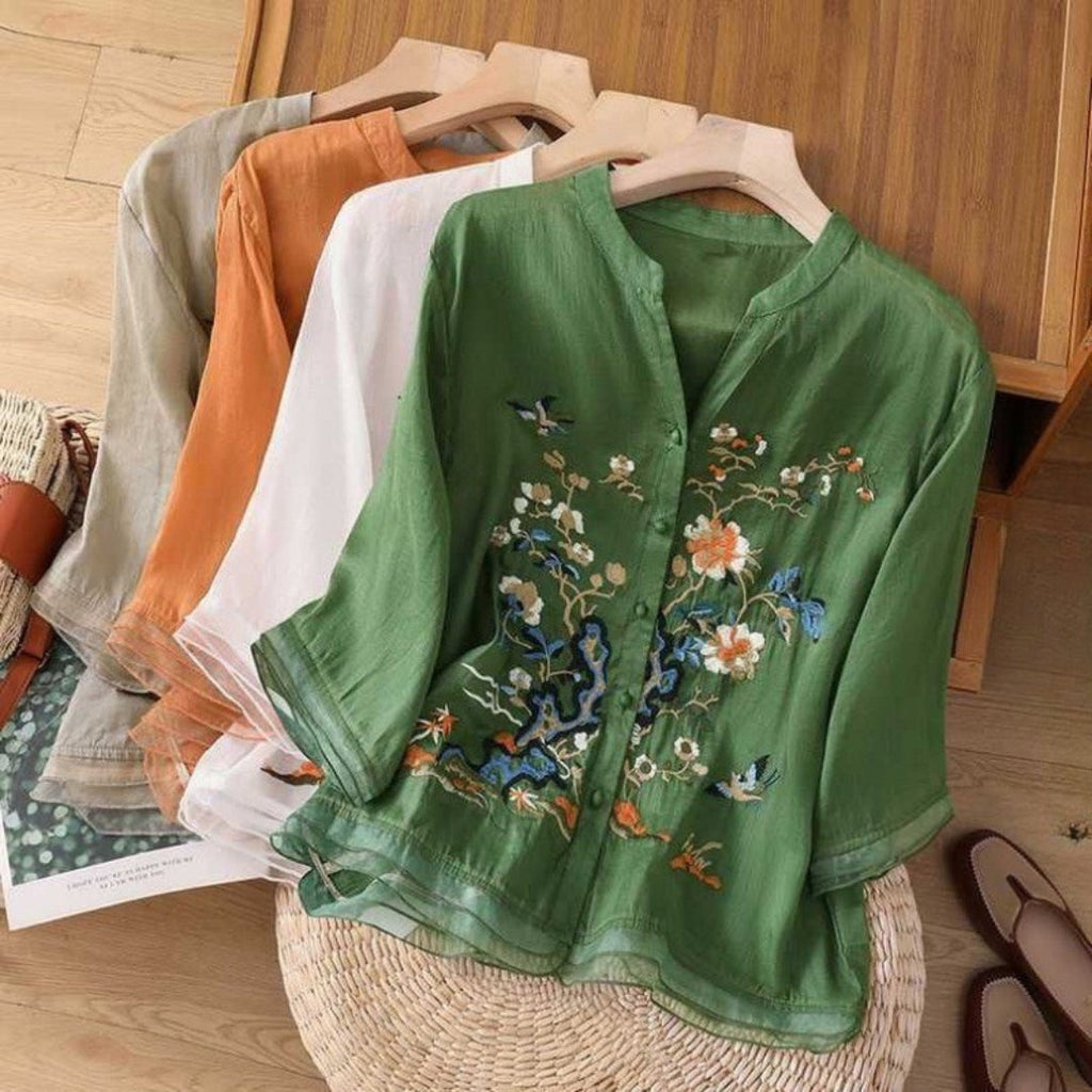 Organic slub cotton embroidered top for women - orange