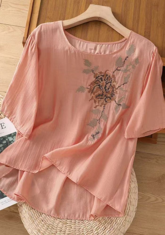 Floral embroidered layered tunic top for women - front view, peach