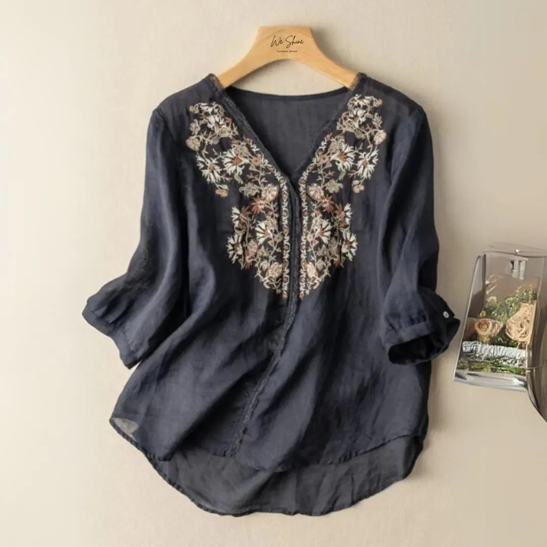 Midnight floral embroidered rayon tunic for women - black, front view