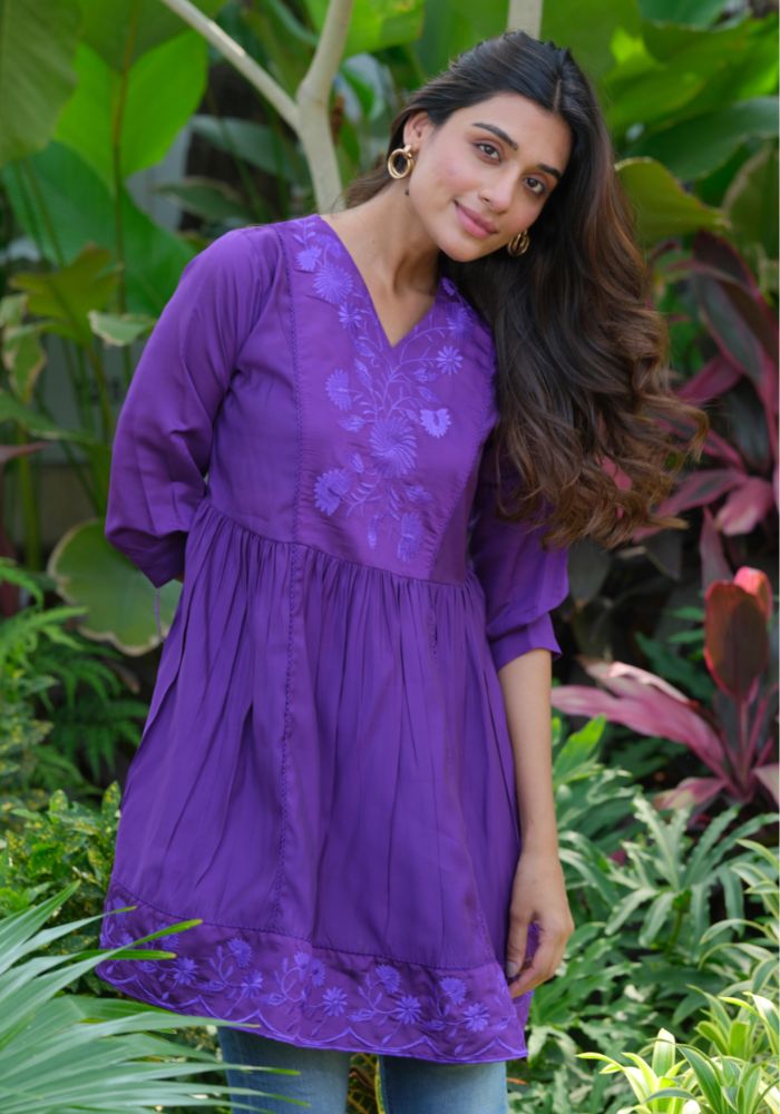 Purple silk tunic for women - embroidery detail