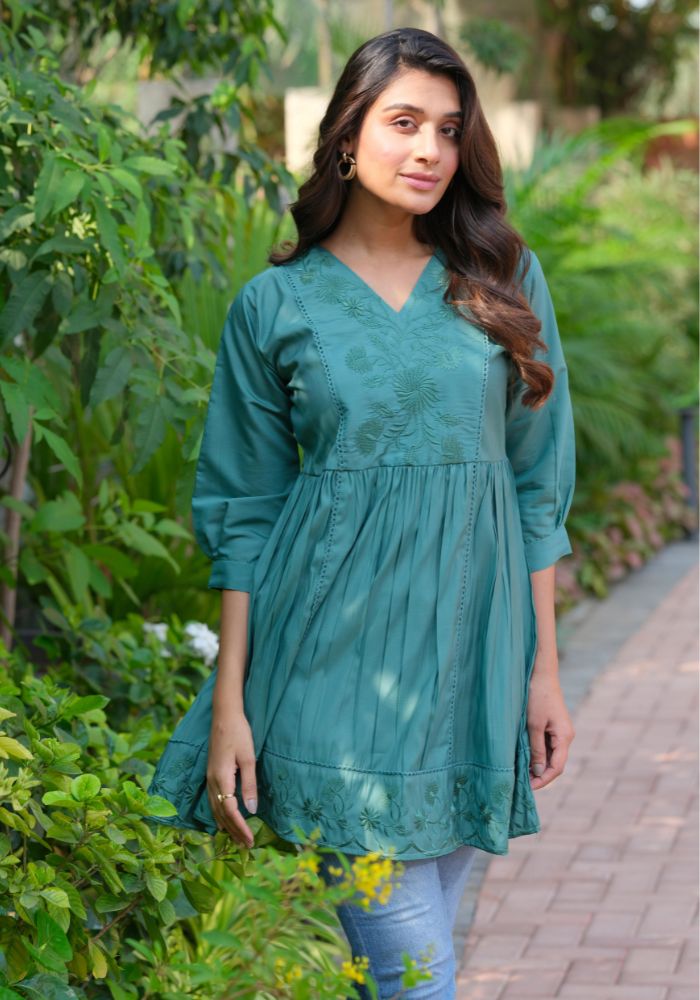 Green silk tunic for women - embroidery detail