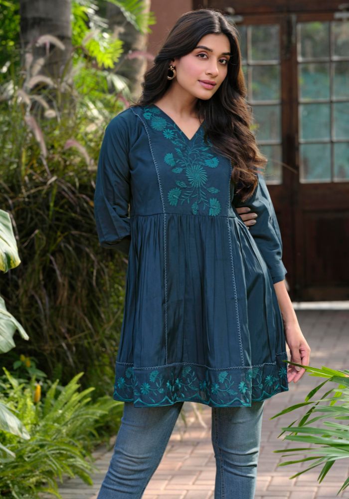 Blue silk tunic for women - embroidery detail