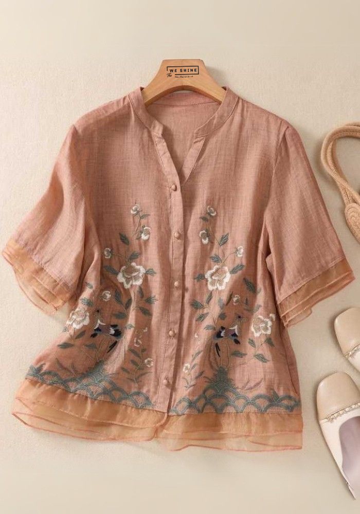 Embroidered button-down cotton top for women - front view