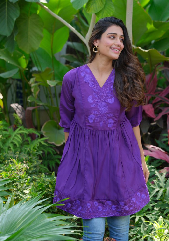Purple embroidered silk tunic for women - back view