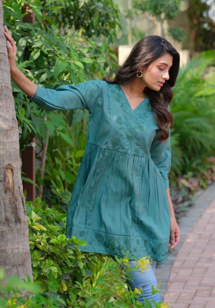 Green embroidered silk tunic for women - styled look
