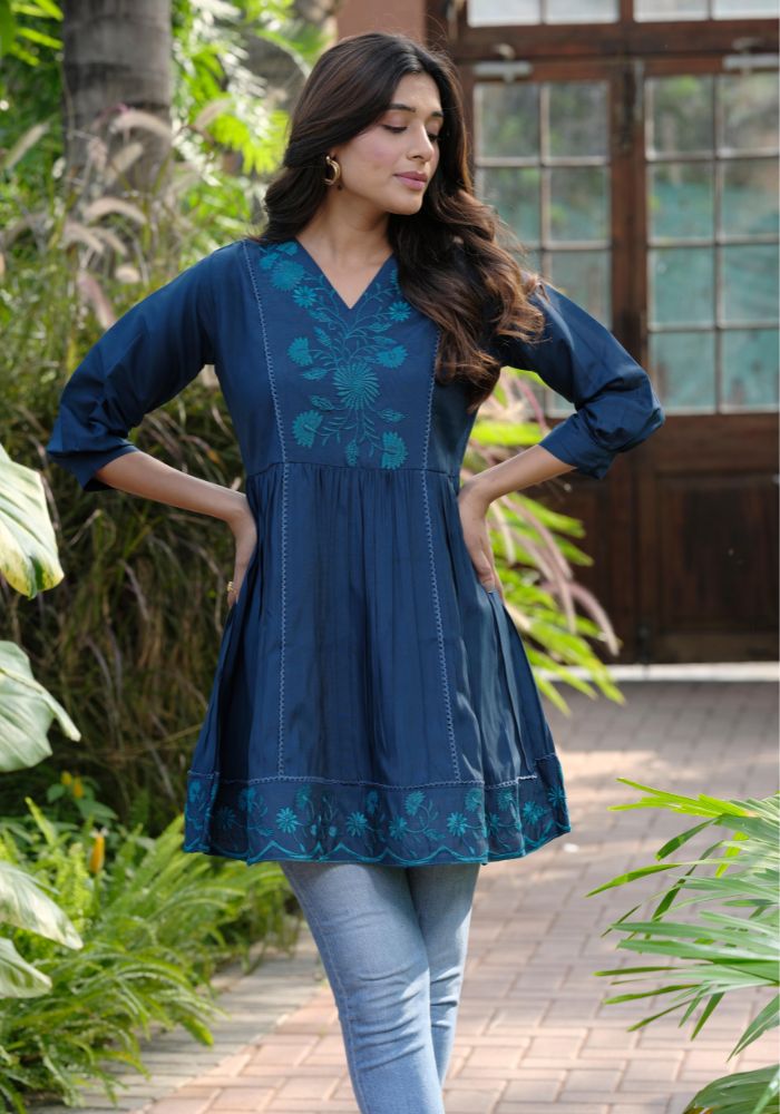 Blue embroidered silk tunic for women - back view