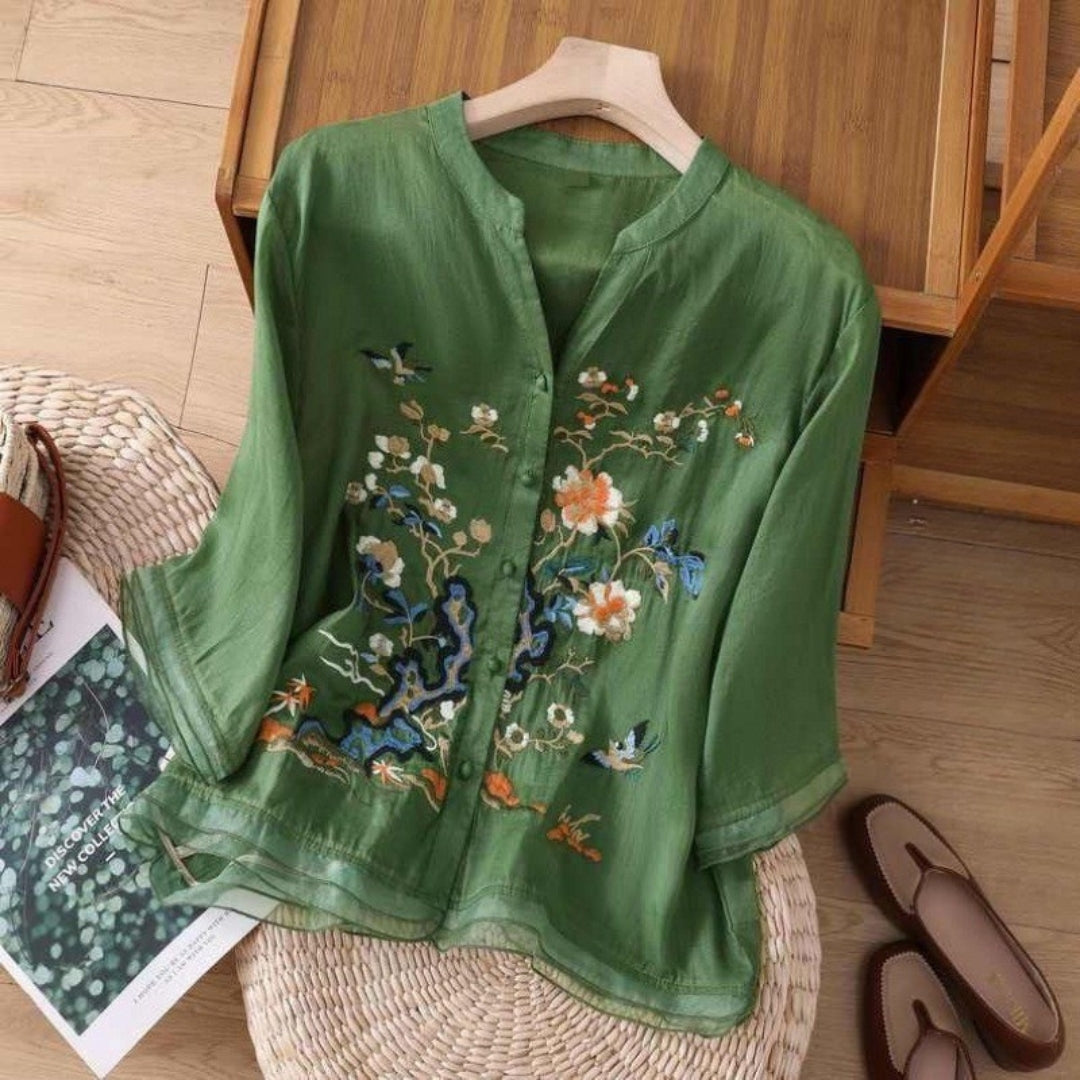 Embroidered cotton top for women - green colorway