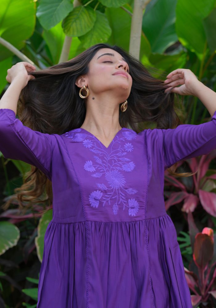 Purple embroidered silk tunic for women - styled look