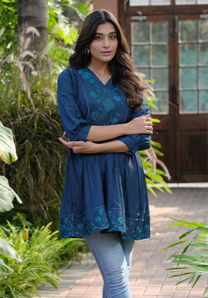 Blue embroidered silk tunic for women - styled look