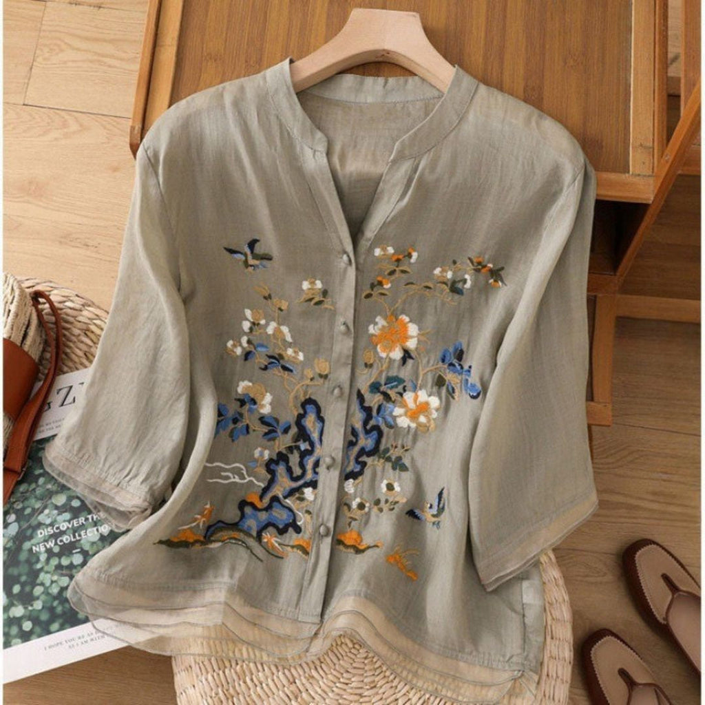 Embroidered cotton top for women - grey colorway
