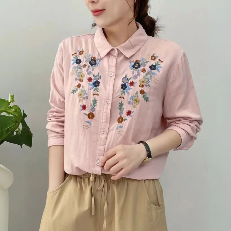 Floral embroidered cotton shirt for women - color options