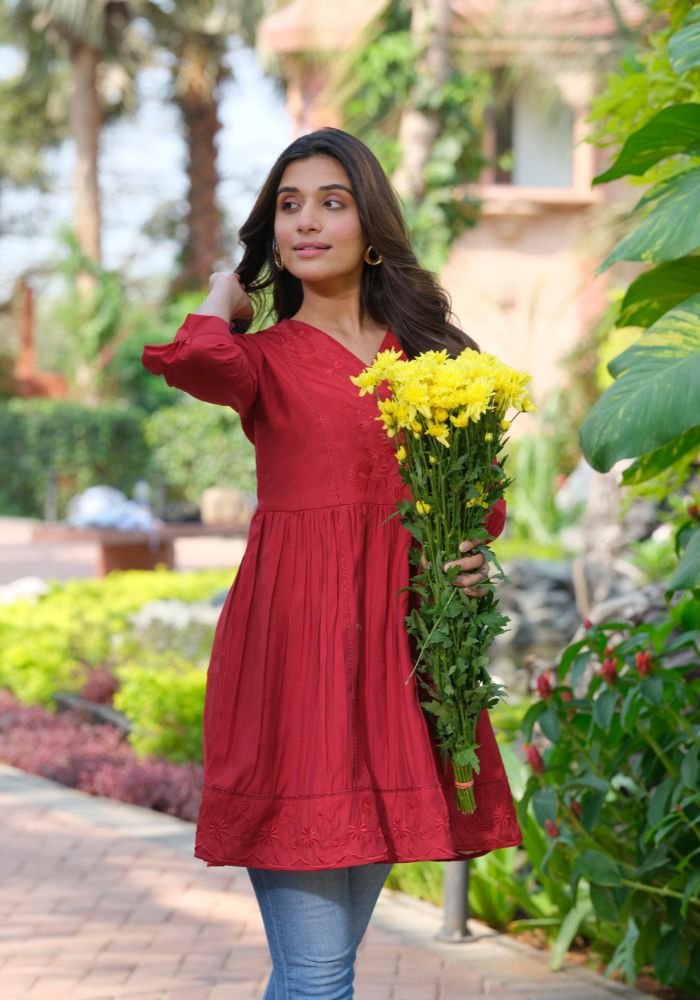 Maroon embroidered silk tunic for women - styled look