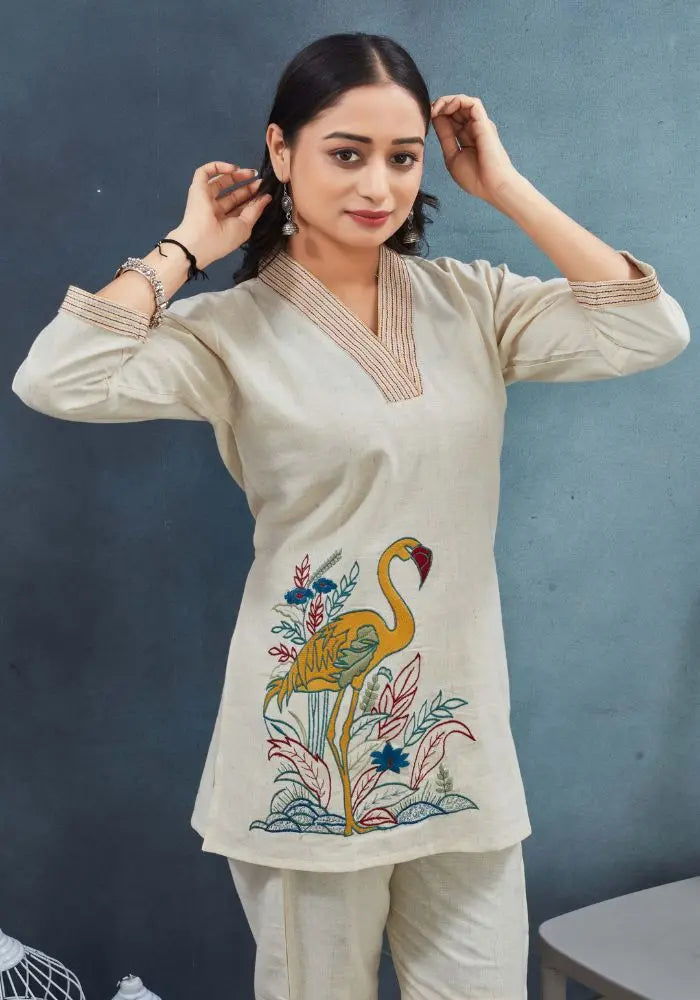 Flamingo embroidered kurta set for women - front view