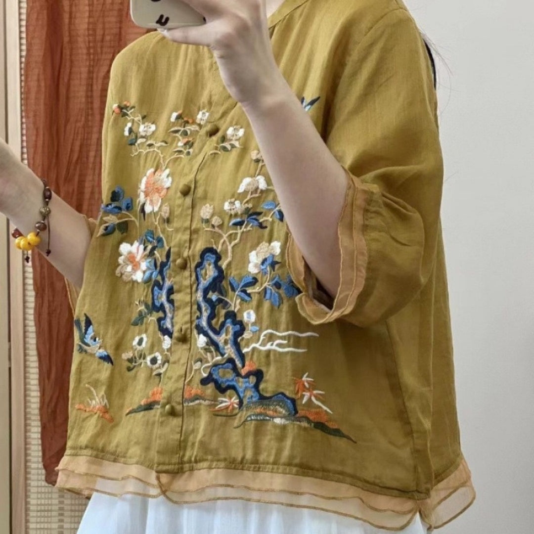 Embroidered cotton top for women - yellow colorway