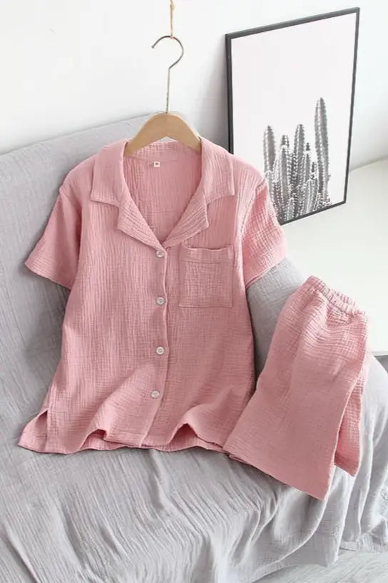 Cotton co-ord set for women - short sleeve top and shorts, pink
