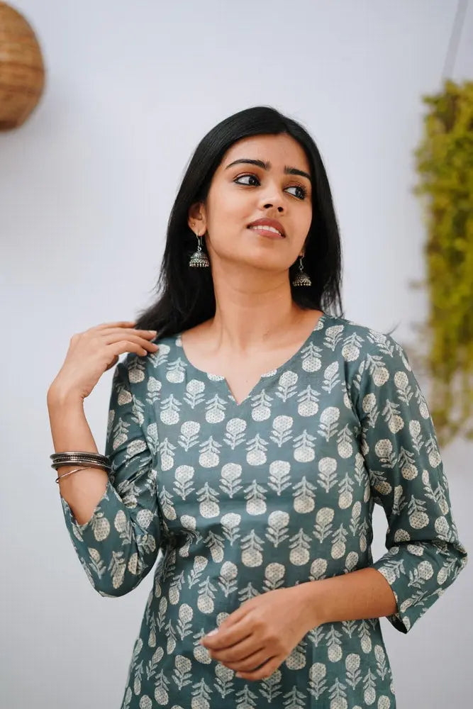 Green floral print cotton top for women - front view