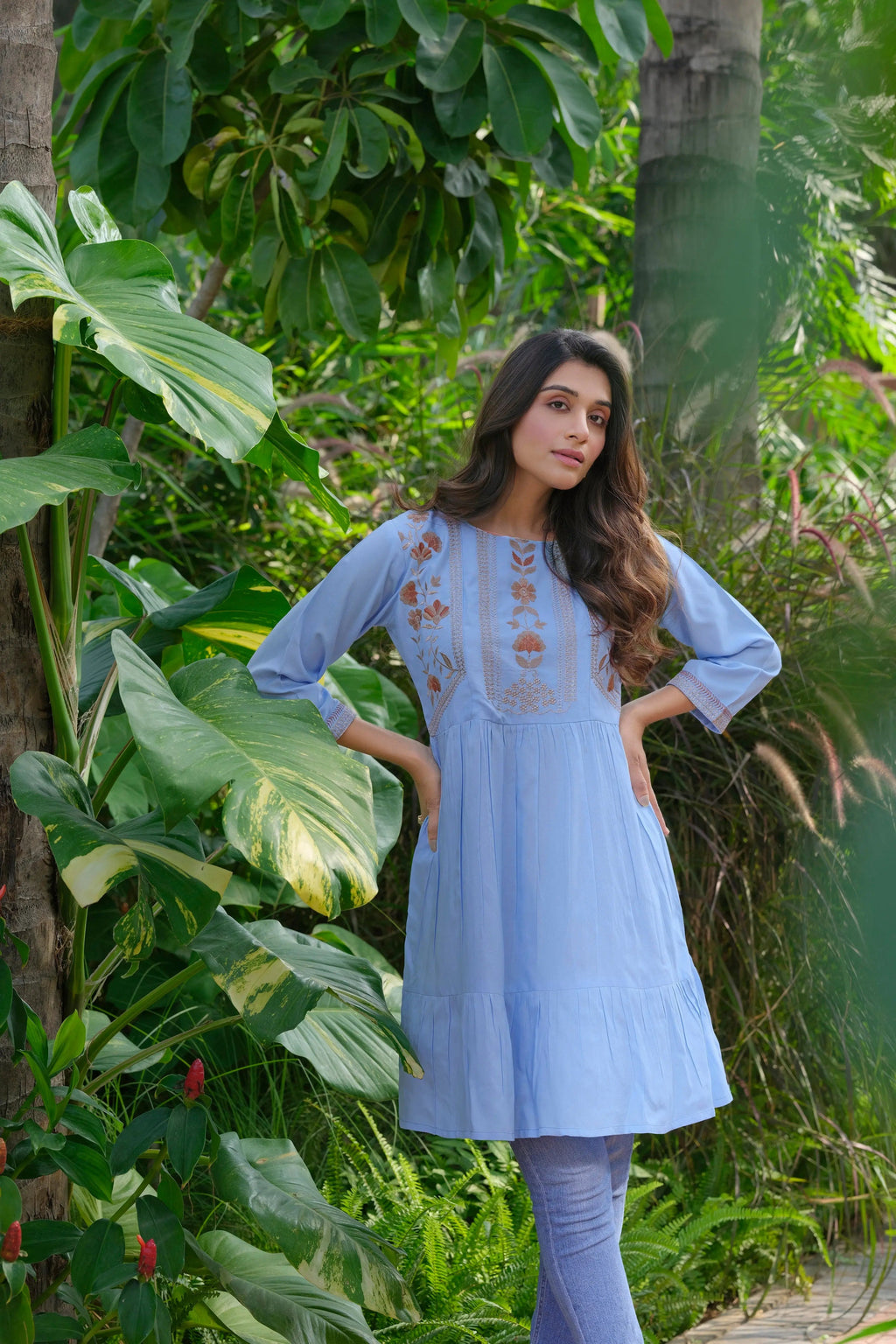 Sky blue rayon tunic with heavy embroidery - front view