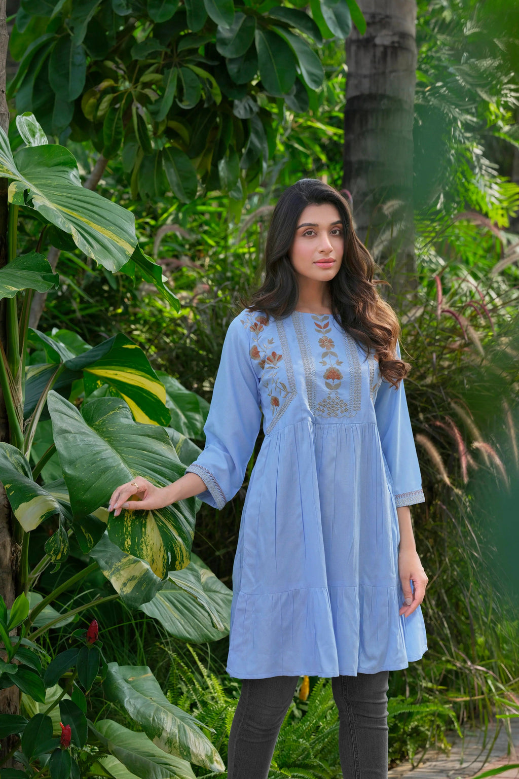 Sky blue embroidered rayon tunic - back view