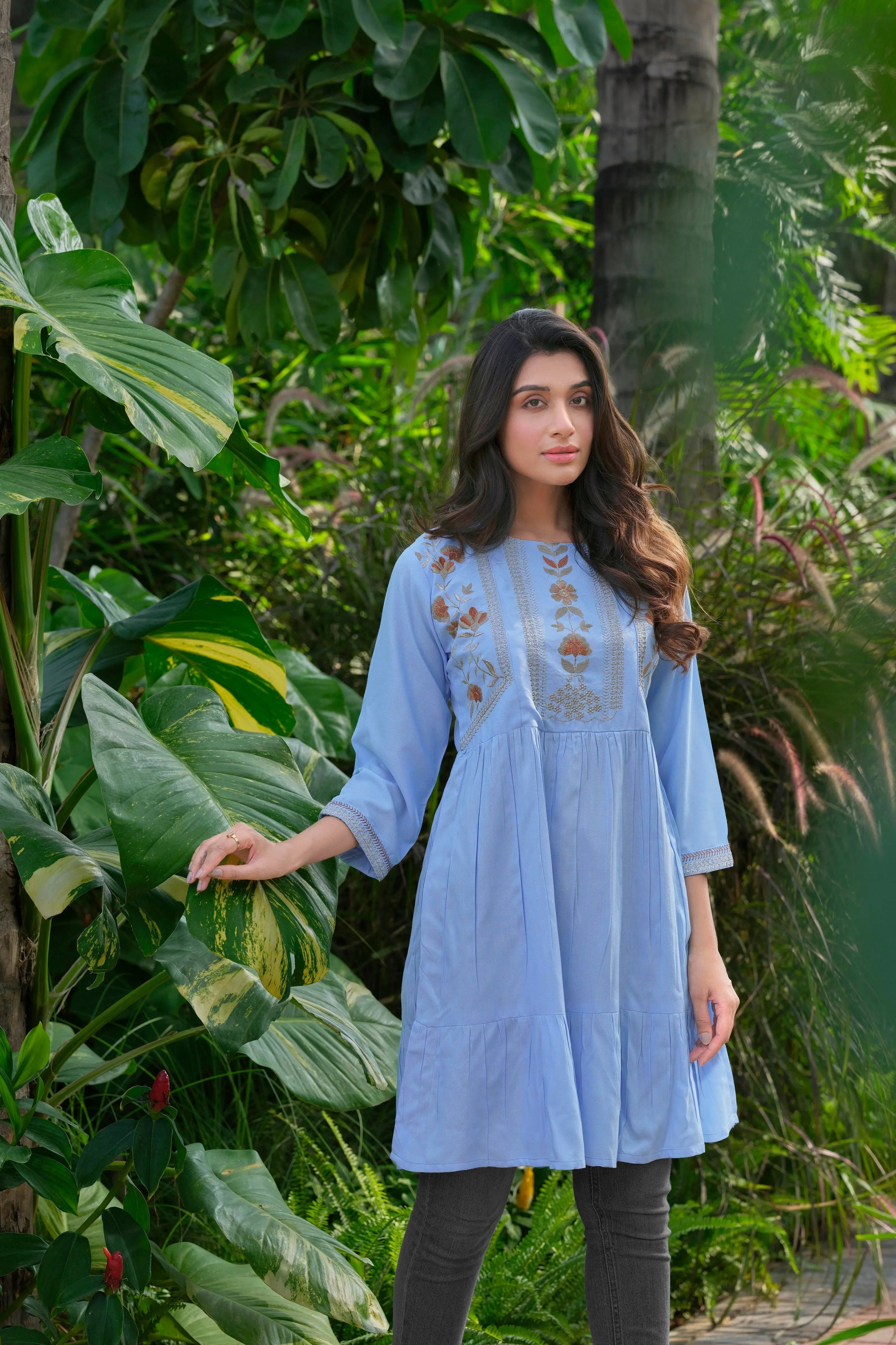 Sky blue embroidered rayon tunic - back view