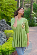 Parrot green rayon tunic with handwork detailing for women