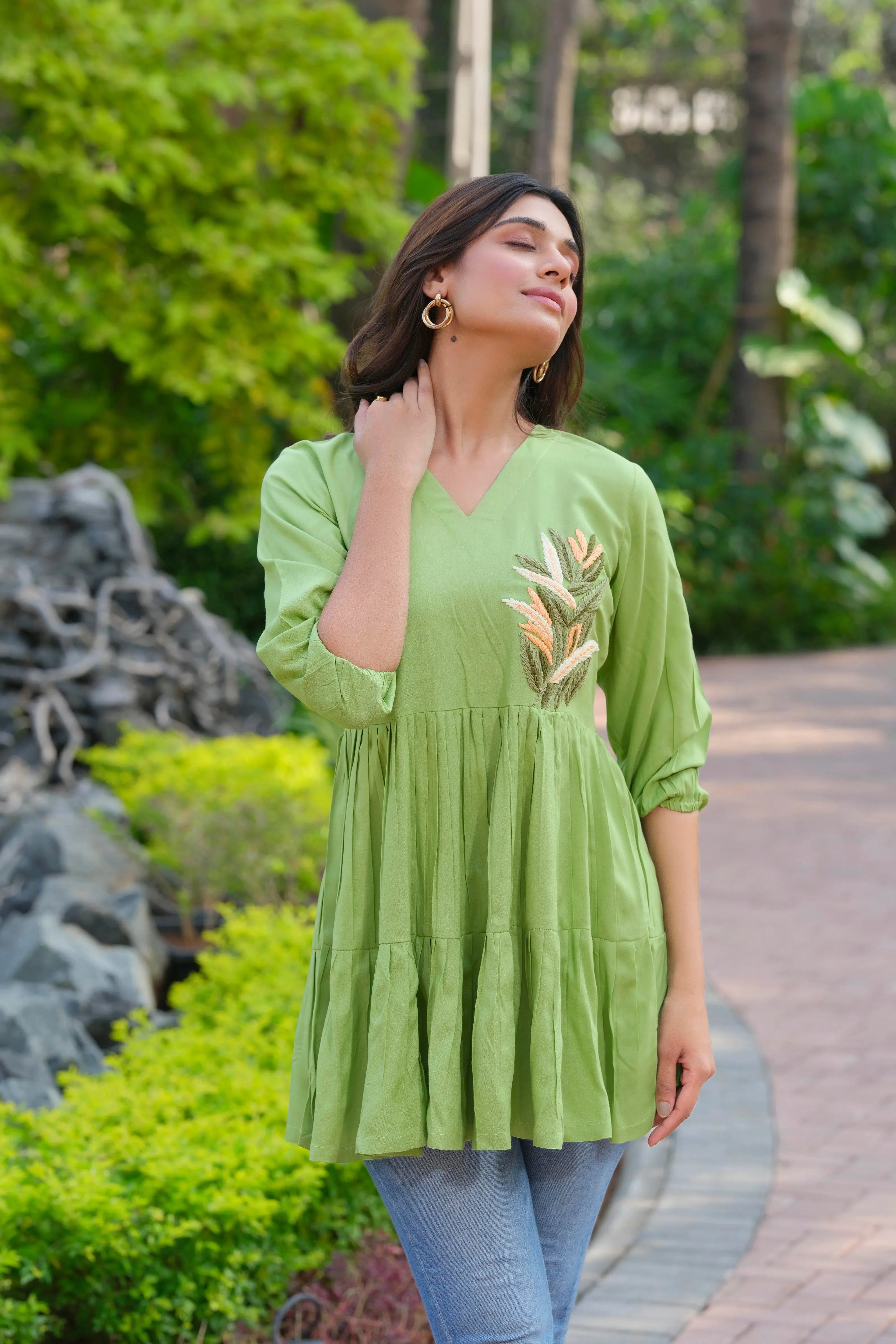 Parrot green rayon tunic with handwork detailing for women
