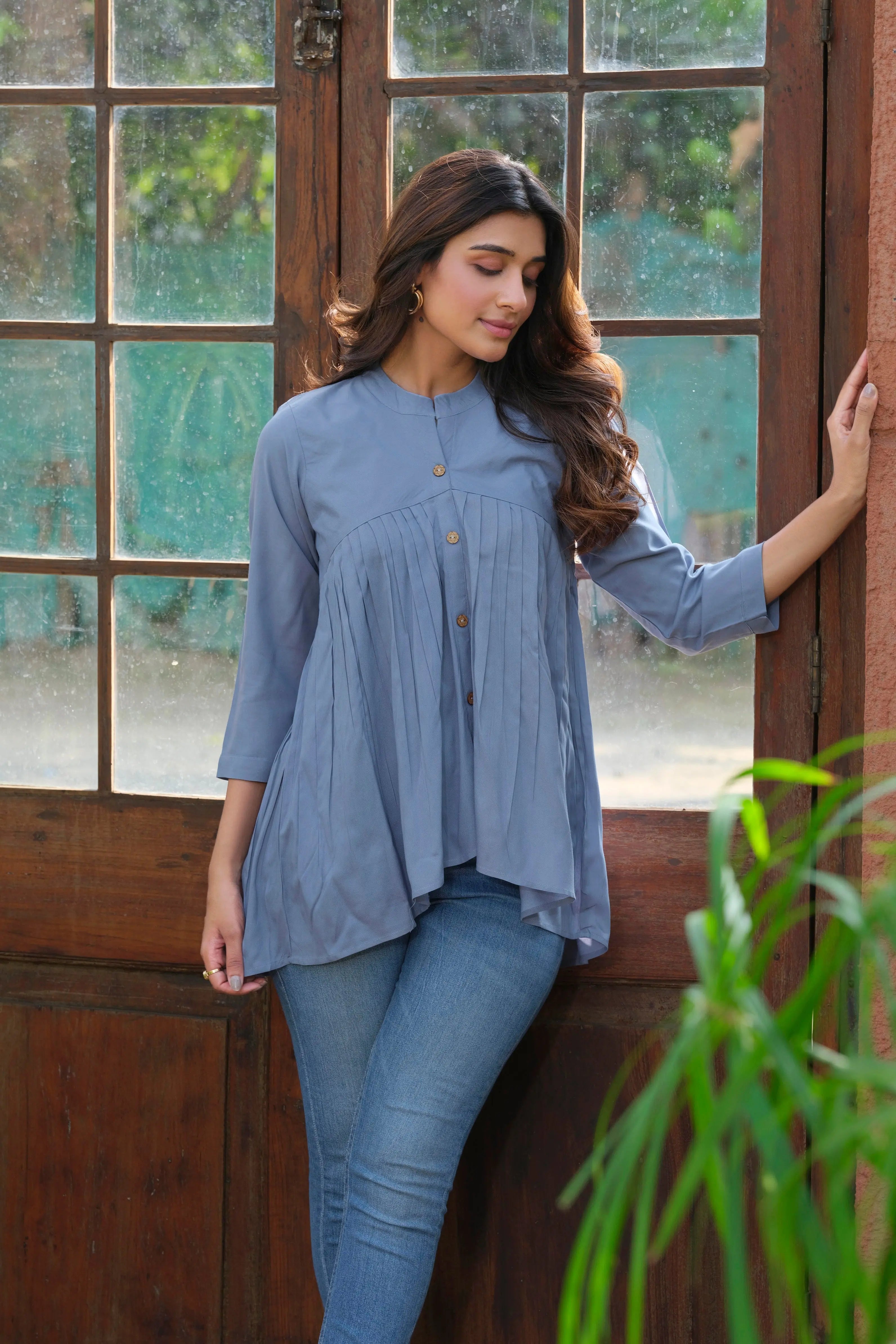 Heavy rayon solid sky blue long sleeve tunic for women