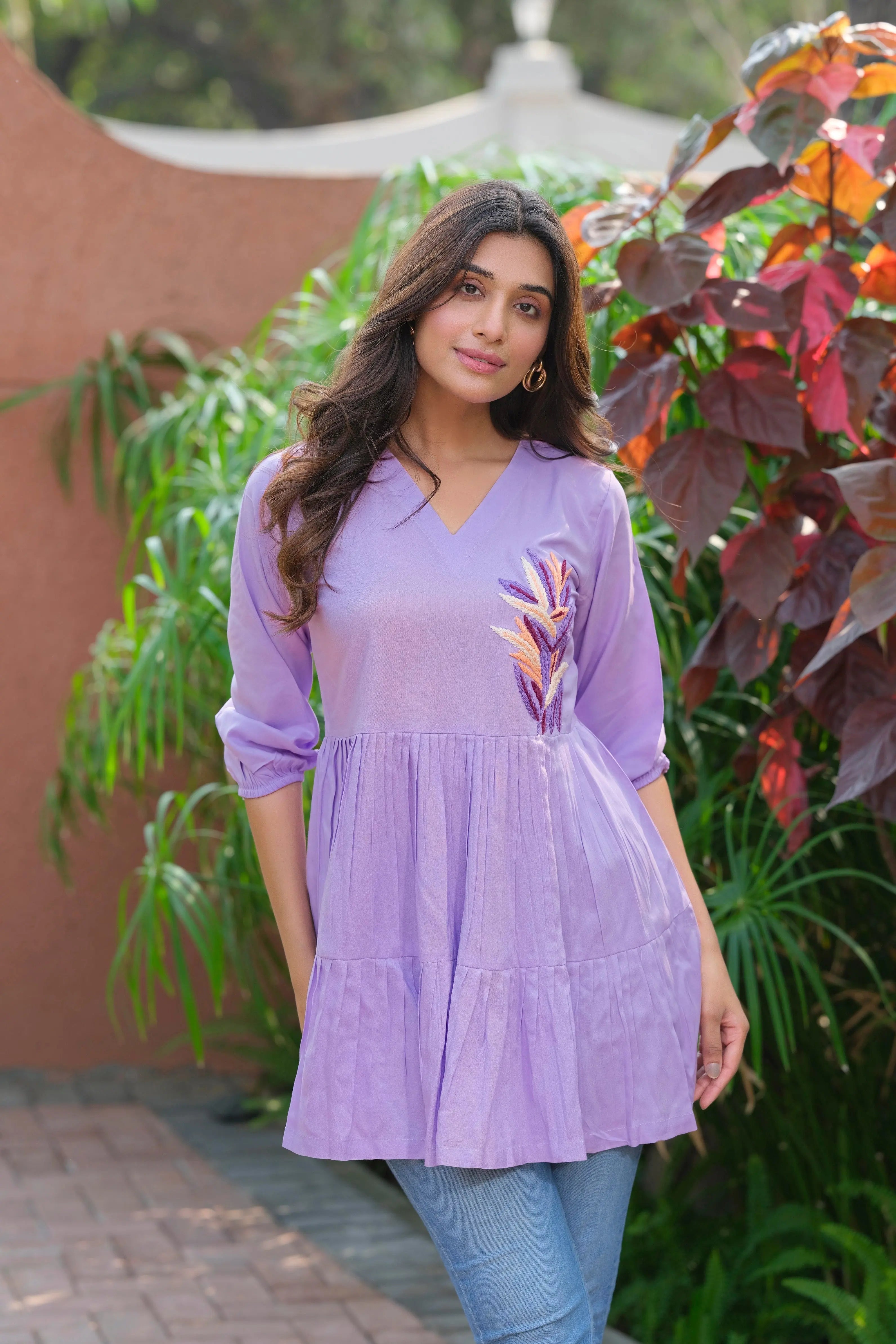 Lavender rayon tunic with handwork detailing for women