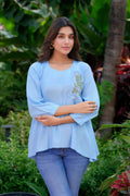 Sky blue rayon tunic with handwork detailing for women