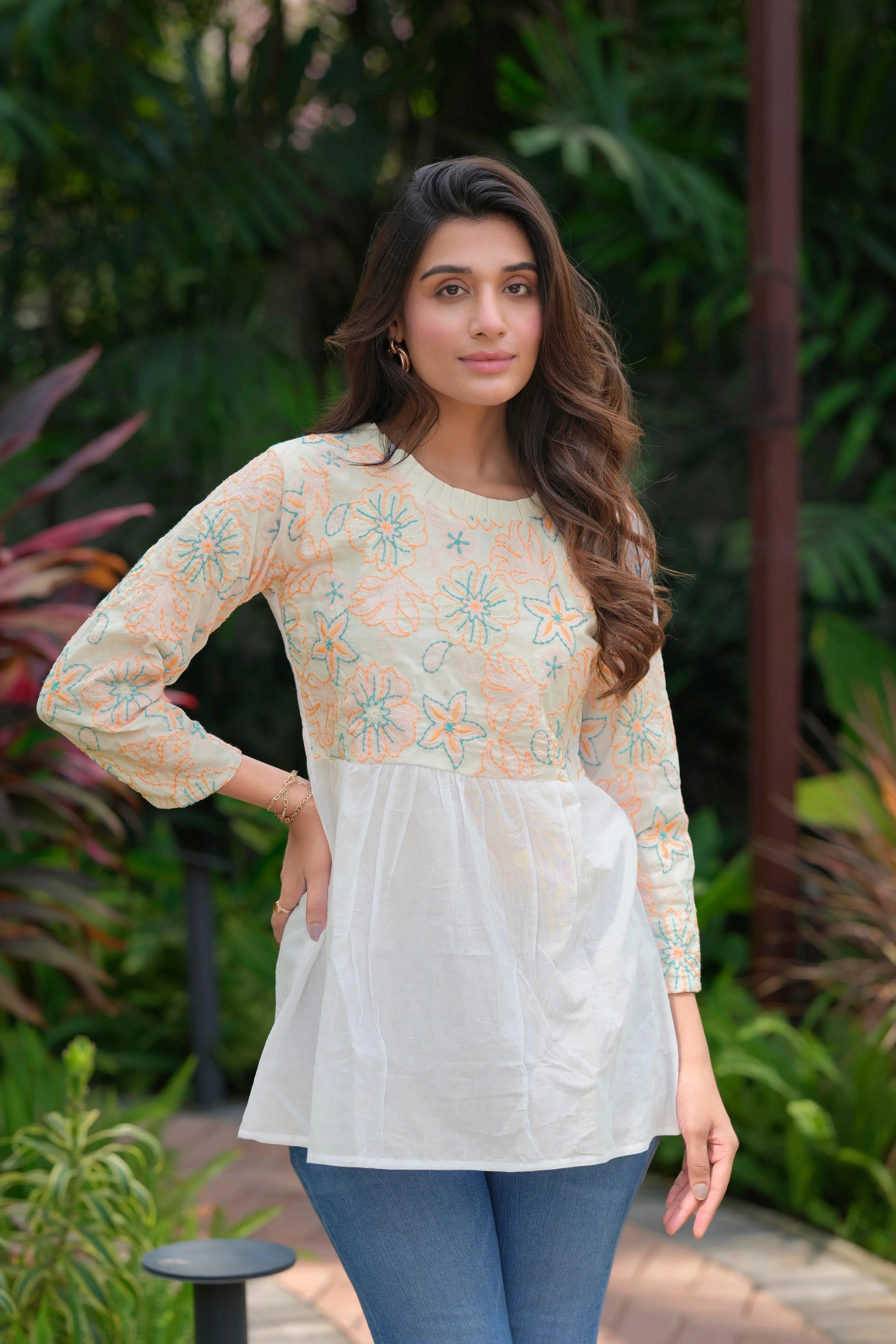 Pure cotton heavy embroidery white tunic for women