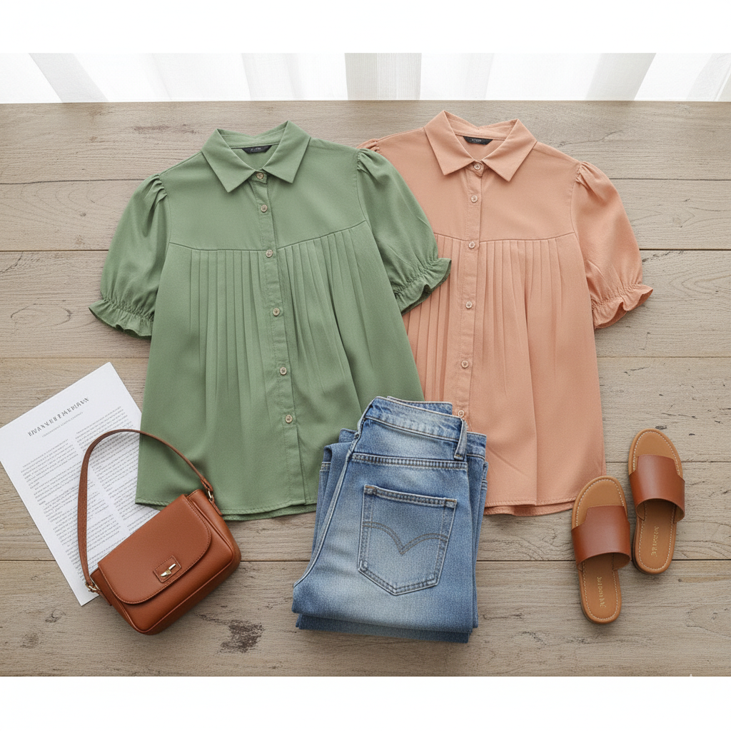 Pista green puff sleeve pleated top for women - front view