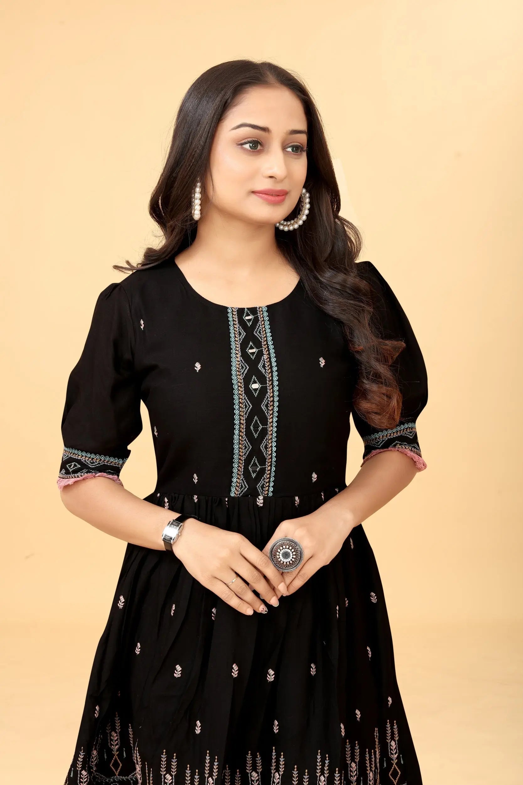 Black fit and flare tunic for women - back view