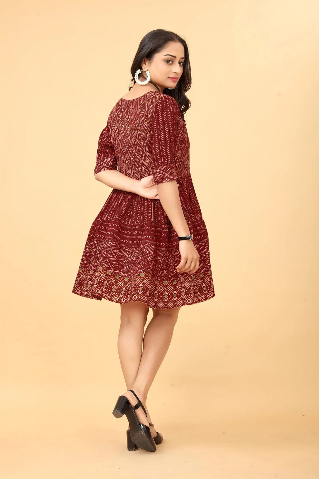 Red check Chanderi tunic for women - side view