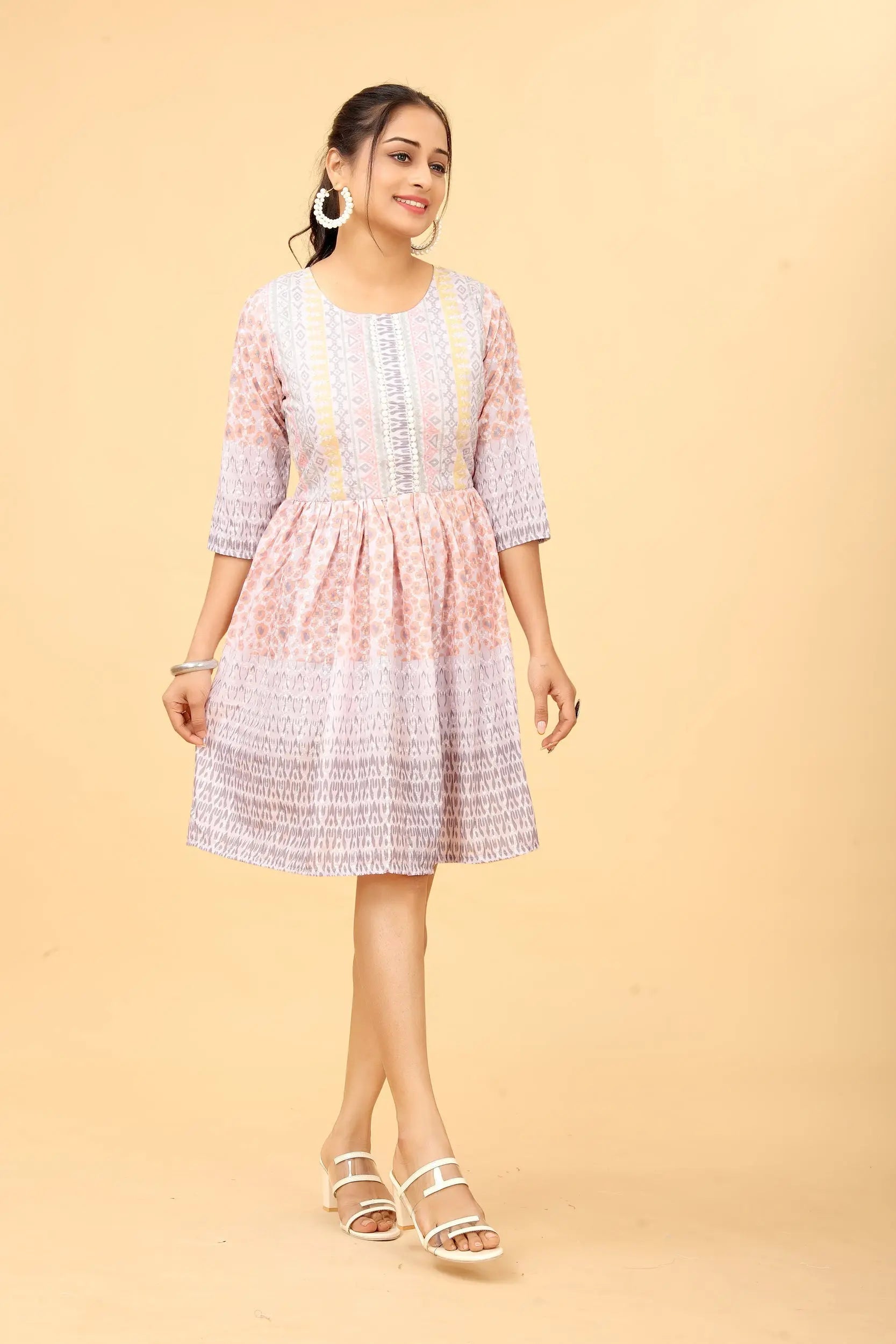 White lace print cotton tunic for women - front view