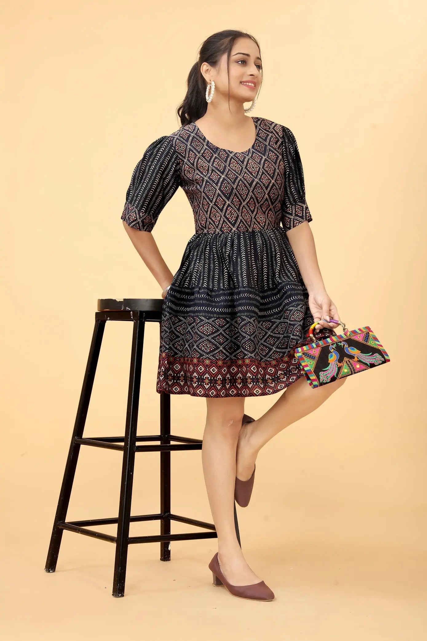 Blue check Chanderi cotton tunic for women - front view