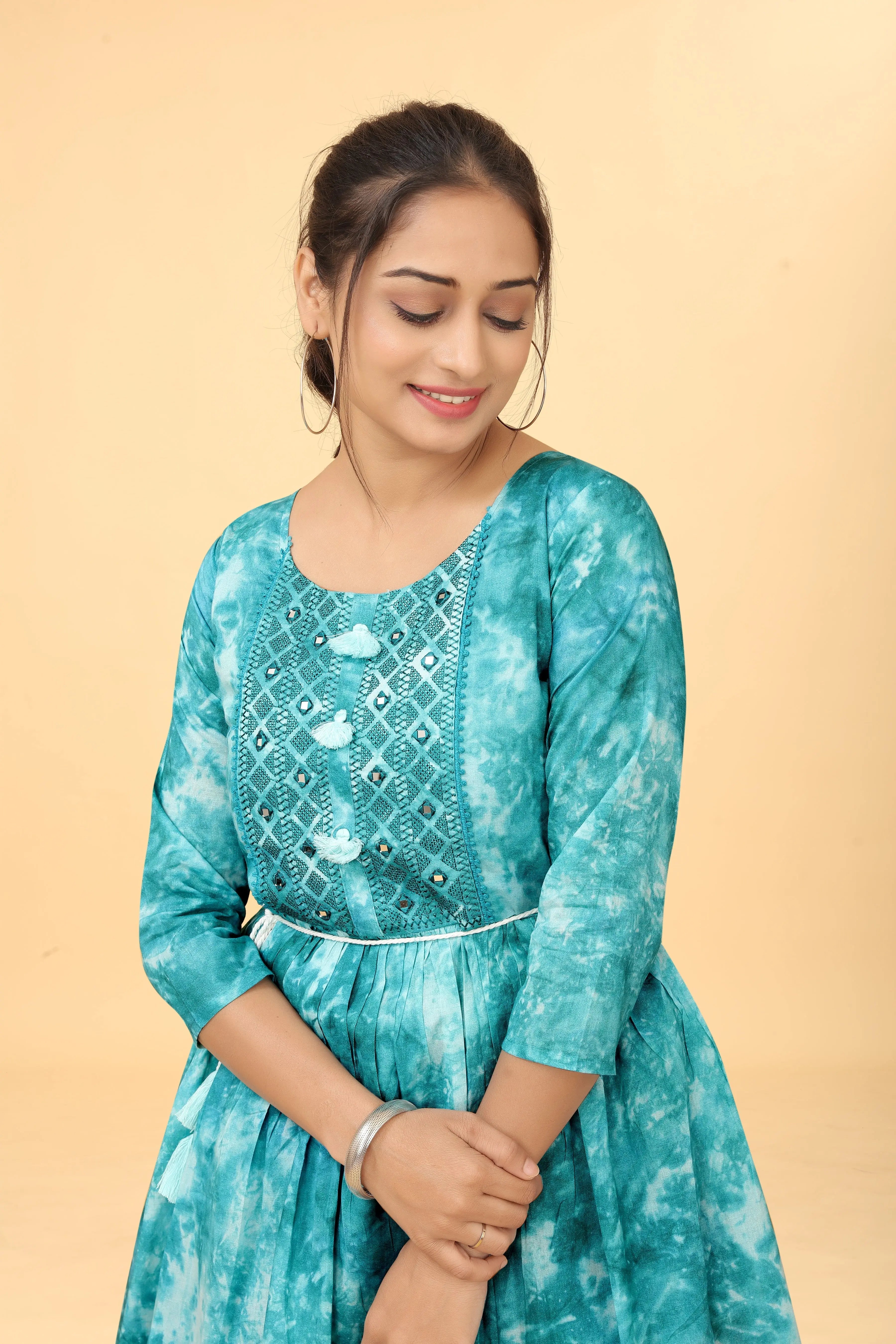 Rama teal shibori mini dress tunic for women - front view
