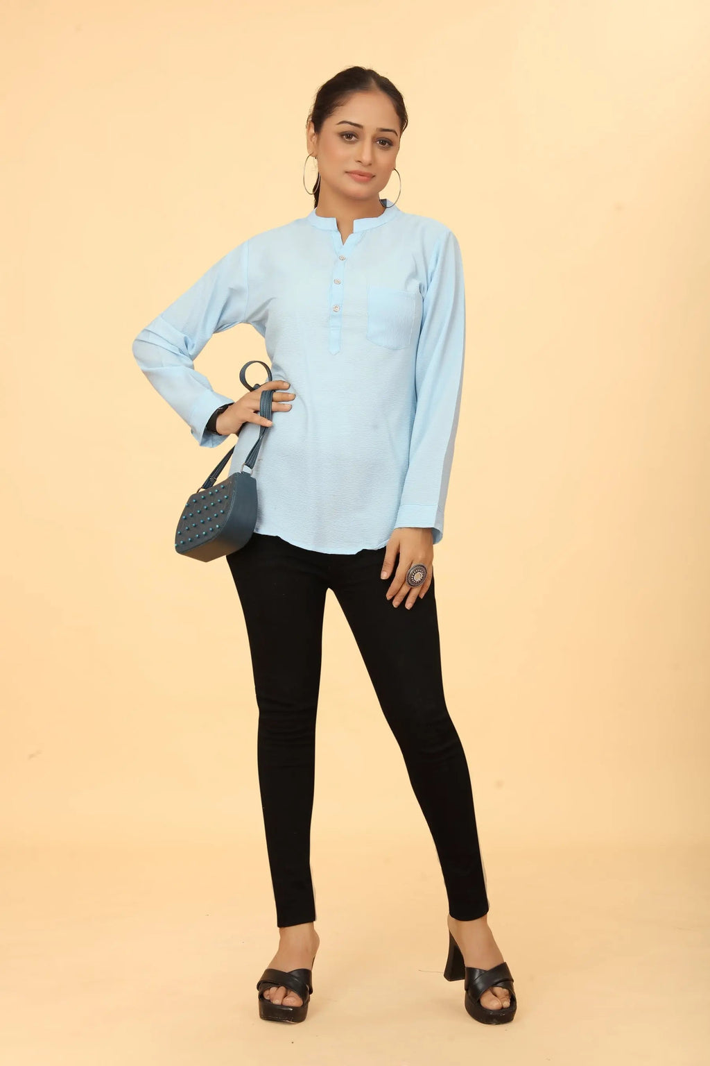 Sky blue cotton tunic for women - fabric close-up