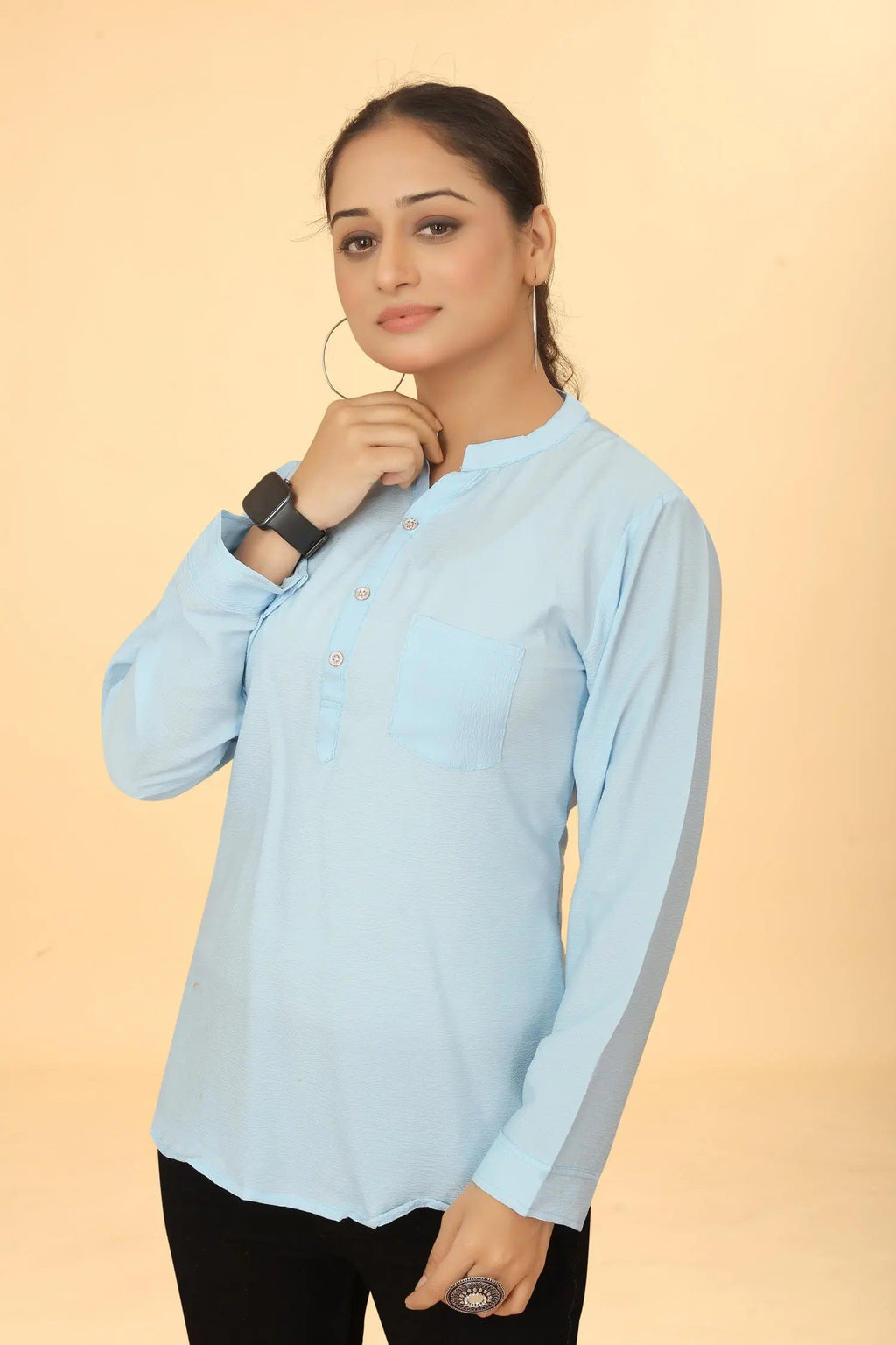 Sky blue popcorn cotton tunic for women - front view