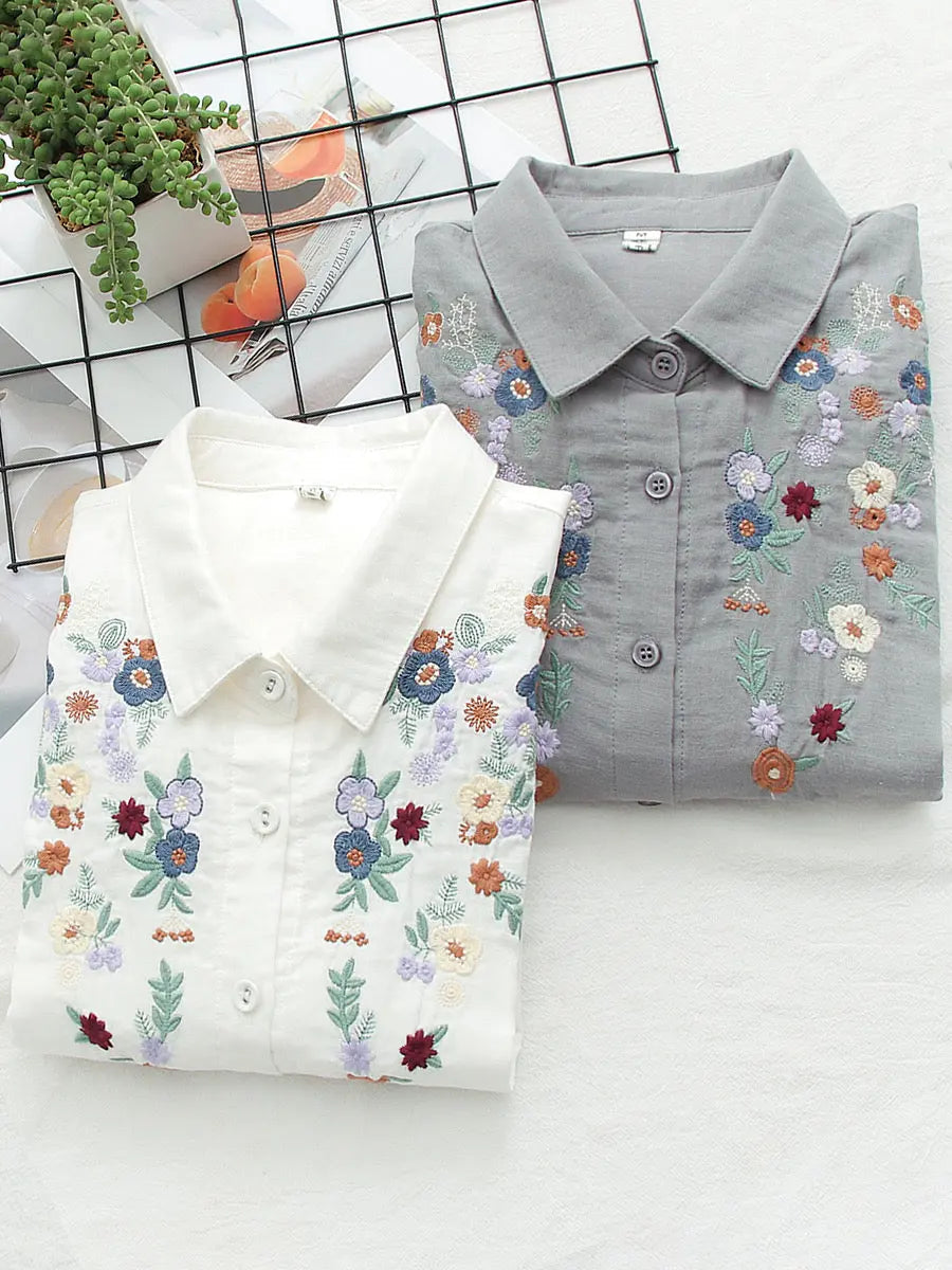 Floral embroidery cotton shirt for women - front view