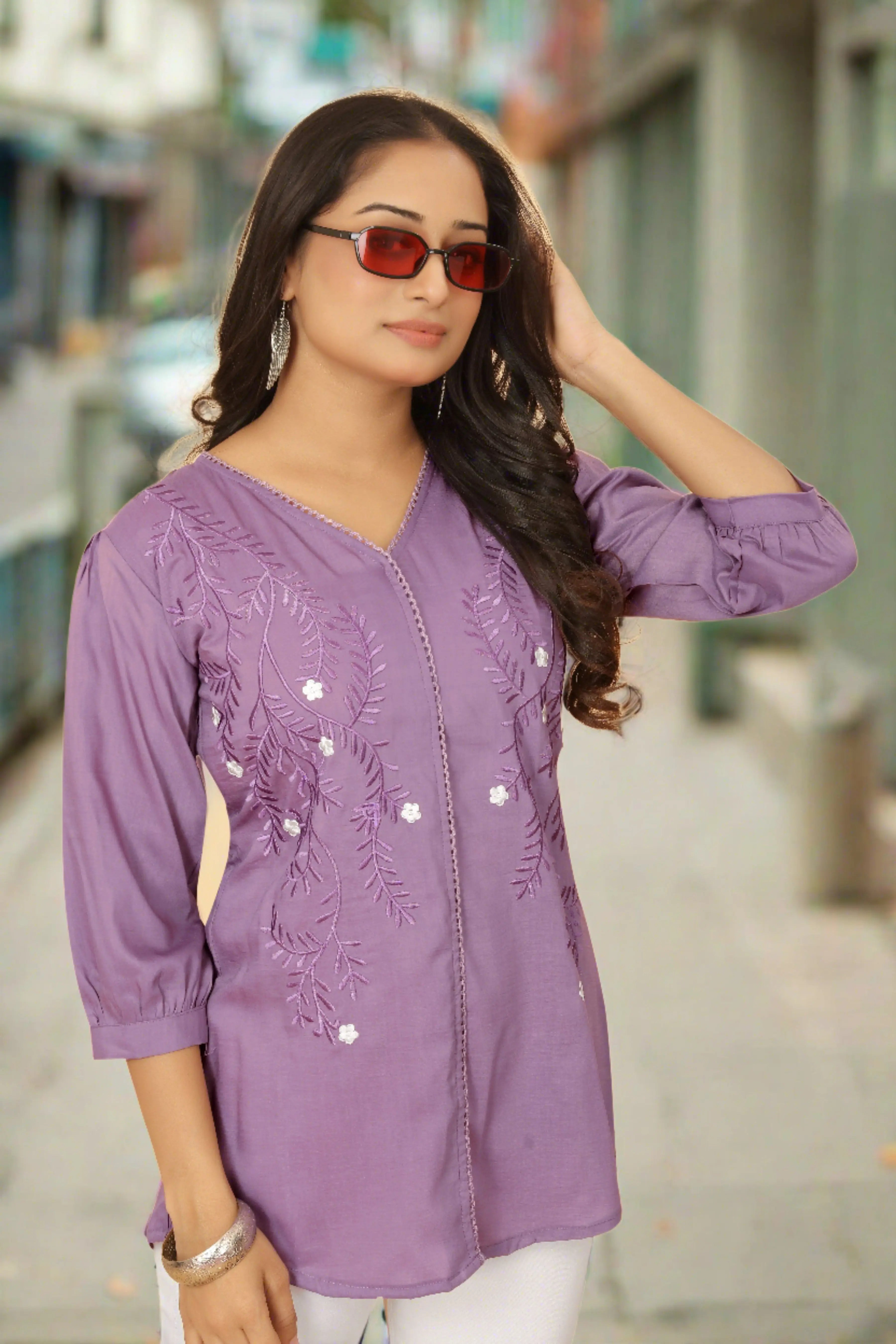 Embroidered V-neck pullover top for women - front view