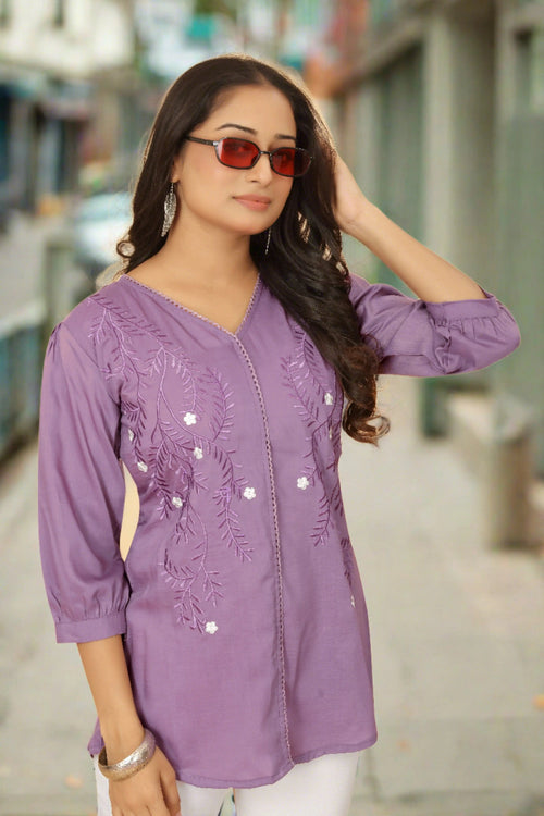 Embroidered V-neck pullover top for women - front view