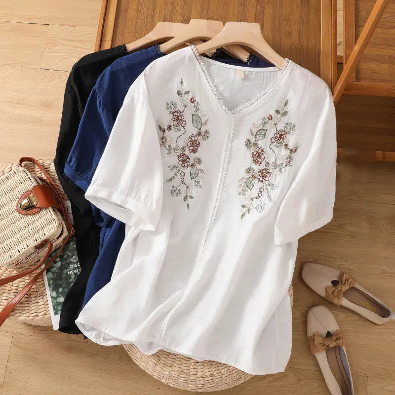 Embroidered V-neck rayon tunic for women - front view