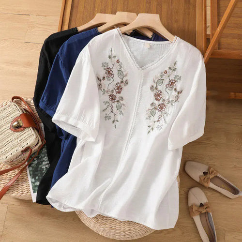 Embroidered V-neck rayon tunic for women - front view