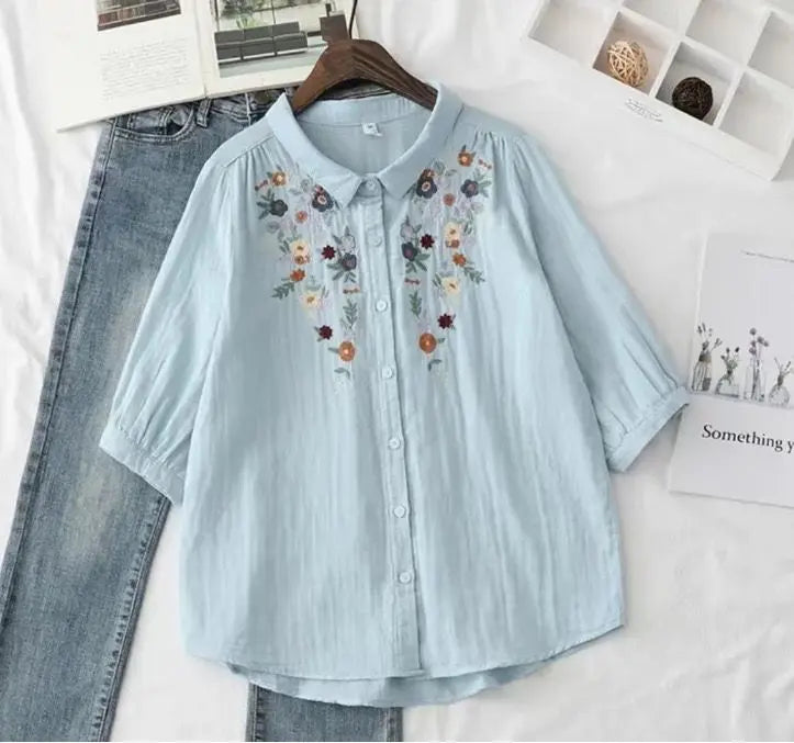 Floral embroidered cotton shirt for women - fabric detail