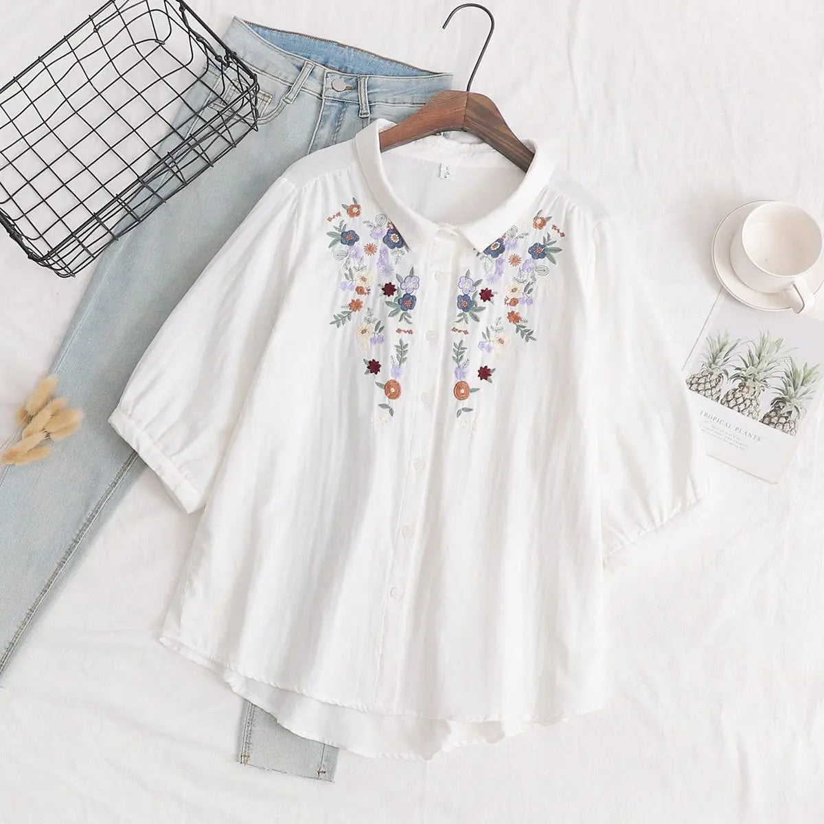 Floral embroidered cotton shirt for women - styled look