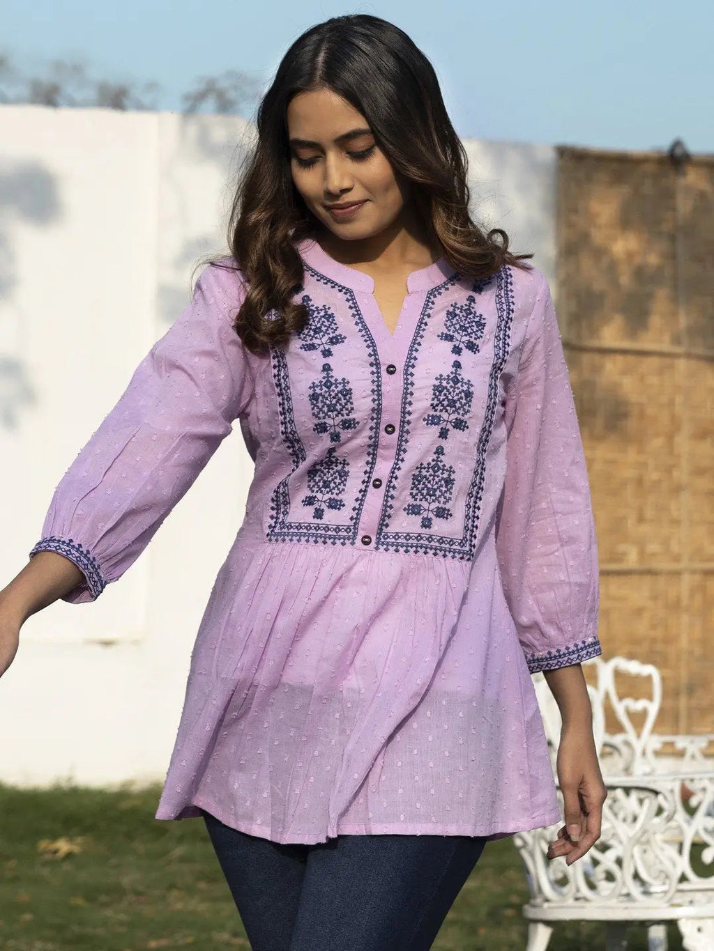 Lavender embroidered tunic for women - fabric detail